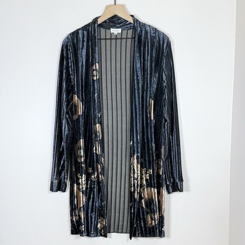Adore Womens Velvet Burnout Duster Cardigan Size XL Blue Gray Floral Whimsigoth